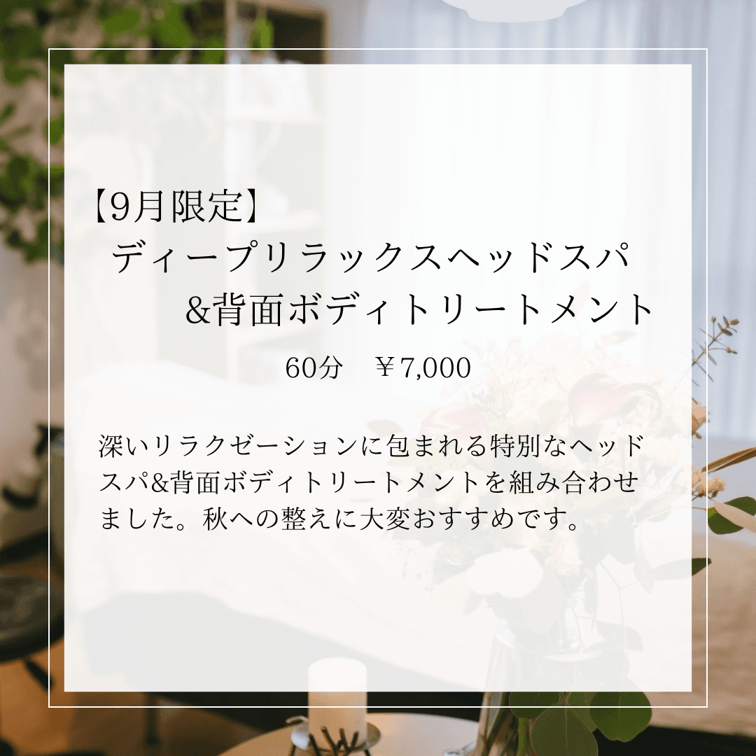 【9月限定】ディープリラックスヘッドスパ&背面ボディトリートメント 60分