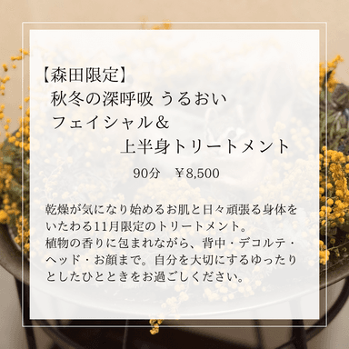 【森田限定】秋冬の深呼吸 うるおいフェイシャル＆上半身トリートメント 90分 