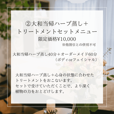 【母の日5/1〜10限定価格】大和当帰ハーブ蒸し40分＋トリートメント60分