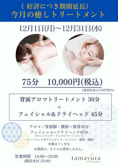 《今月の癒しトリートメント75分》アロマトリートメント30分＋フェイシャル＆ドライヘッド45分